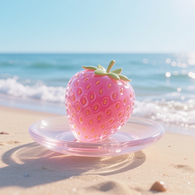 半透明粉色啫喱草莓，透明盘子，海边