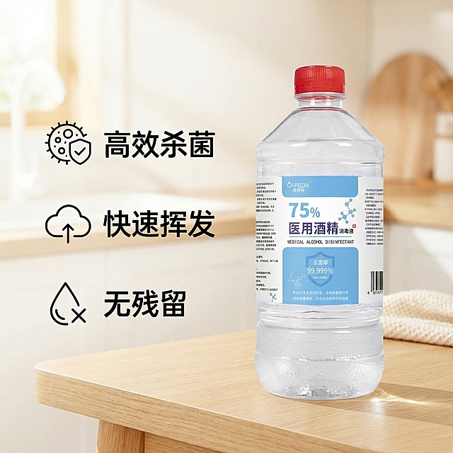 生成酒精消毒液主图第二张，突出高效杀菌消毒核心卖点，整体风格保持舒适简约家居治愈，和第一张风格色调统一。产品放置在简洁干净的浅色木质桌面，背景为明亮的厨房场景虚化处理。左侧垂直排列三个核心卖点，每个卖点搭配简约图标："高效杀菌"、"快速挥发"、"无残留"，右侧展示产品主体，产品和原图保持100%一致。文字为黑色无衬线体，信息层级分明，图标简约精致，背景铺满全屏，文字不遮挡产品主体，整体干净通透，符合淘宝规范。