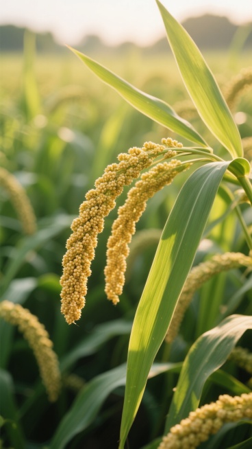 清晨阳光下的小米种植田，饱满金黄的小米穗低垂在翠绿修长的叶片间，近景特写小米颗粒的细腻质感，背景虚化的绿色禾苗形成自然景深，柔和的侧光勾勒出谷物的轮廓光，温暖的色调展现丰收的生机与自然纯粹之美，突出小米作物的原生态与营养价值。预览效果