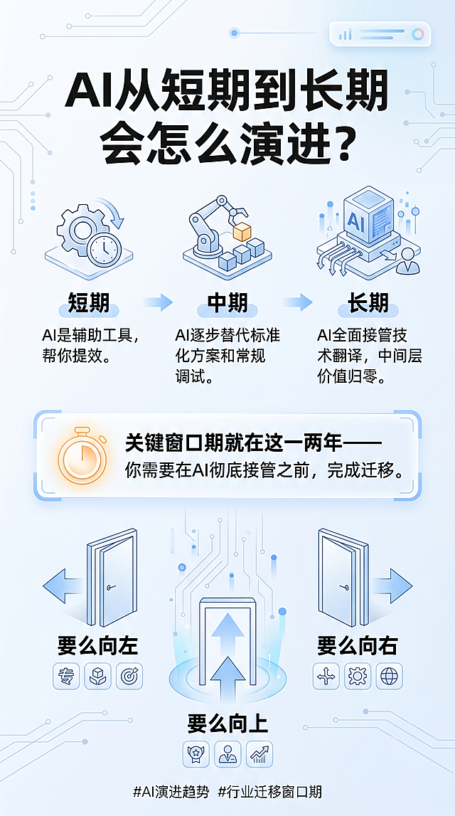小红书图文P6，大标题“AI从短期到长期会怎么演进？”，正文：短期：AI是辅助工具，帮你提效。中期：AI逐步替代标准化方案和常规调试。长期：AI全面接管技术翻译，中间层价值归零。关键窗口期就在这一两年——你需要在AI彻底接管之前，完成迁移。要么向左，要么向右，要么向上。关键词：AI演进趋势、行业迁移窗口期，浅色系简约科技风格，排版清晰，适合手机阅读