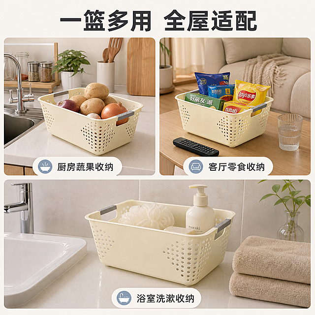[主图-4] 主题：多场景使用展示，体现全屋多用适配。
[统一基调] 整体风格为专业品质家居风，背景主色为暖白浅米色，标题字色为深灰近黑，辅助字色为中灰，强调色为浅灰蓝，字体为简洁无衬线粗体，字号层级分明，卡片与图标采用圆角轻量样式，整体干净明亮有秩序感。
[画面] 采用三宫格布局展示三个不同使用场景，每个宫格都是真实家居环境。左上宫格：厨房场景，收纳篮放在料理台上，里面装着土豆洋葱等蔬菜，旁边有水槽和厨具，体现厨房蔬果收纳。右上宫格：客厅茶几场景，收纳篮里装着薯片饼干等零食，旁边有遥控器和水杯，体现零食收纳。下方大宫格：浴室台面场景，收纳篮里放着沐浴球香皂等洗浴用品，旁边有毛巾，体现浴室洗漱用品收纳。每个场景中的收纳篮都是同款米白色方形镂空篮，保持产品外观一致。
[光影质感] 每个场景都有自然的家居光线，厨房偏明亮白光，客厅偏暖黄光，浴室偏柔和冷白光，产品在各场景中自然融入，光影真实，无悬浮感。
[配色] 三个场景各有环境色但整体协调，都以暖白浅米为基调，产品统一米白色，文字深灰，宫格分割线用浅灰色细线。
[文字版式] 画面最上方主标题大号粗体写"一篮多用 全屋适配"。每个宫格下方配小标签文字，分别是"厨房蔬果收纳""客厅零食收纳""浴室洗漱收纳"。文字简洁明了，不遮挡产品主体。
[输出要求] 1:1正方形比例，2048*2048分辨率，三个场景清晰，产品在各场景中外观一致，文字清晰。禁止变形、错字、模糊、杂乱、水印、平台Logo、产品穿模。