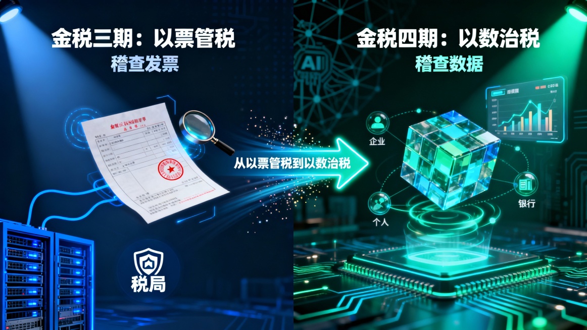 {
  "主题": "金税三期与金税四期对比图示（科技感风格）",
  "画面结构": {
    "布局": "左右分屏对比，中间有动态箭头连接",
    "背景": "深色背景，带轻微网格或数码预览效果