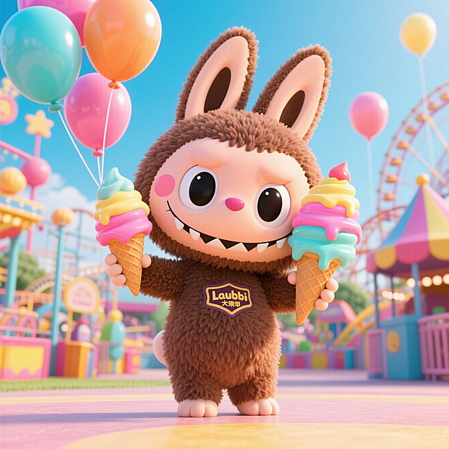 它手拿冰淇淋在游乐园