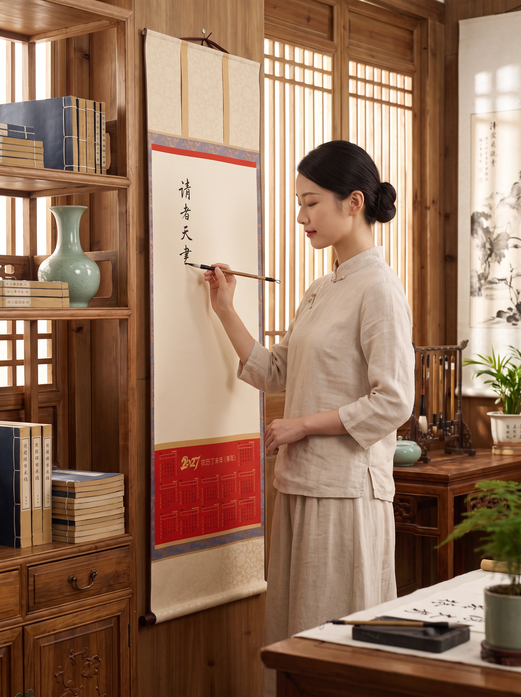 【主体保护指令】请保持参考图 1 中【挂轴式年历】的款式、颜色… - 图片创意预览