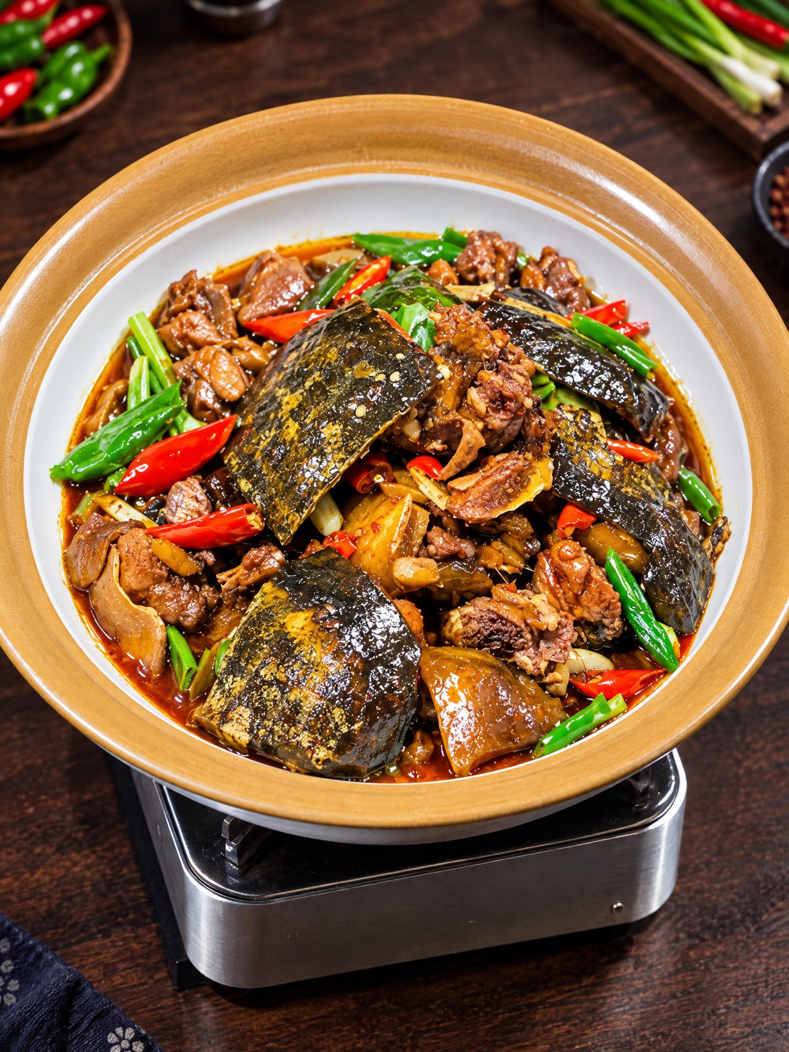 基于参考图中的红烧甲鱼菜品，生成60度俯拍角度的美食摄影图，保… - 图片创意预览