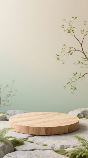 自然写实风格，画面中心是一个简约的圆形木纹展台，展现出木材天然的纹理和温润质感，展台表面平滑，边缘柔和。背景采用柔和的浅米色与淡绿色渐变，营造出宁静自然的氛围，左侧和右侧点缀着几枝带有嫩绿新叶的纤细树枝，部分枝叶轻轻垂落在展台边缘，地面是带有细腻肌理的浅灰色岩石，岩石缝隙中生长着几簇小型绿色蕨类植物，整体构图简洁大方，光线柔和均匀，突出展台的纯天然质感与简约设计，营造出清新、质朴、回归自然的视……预览效果