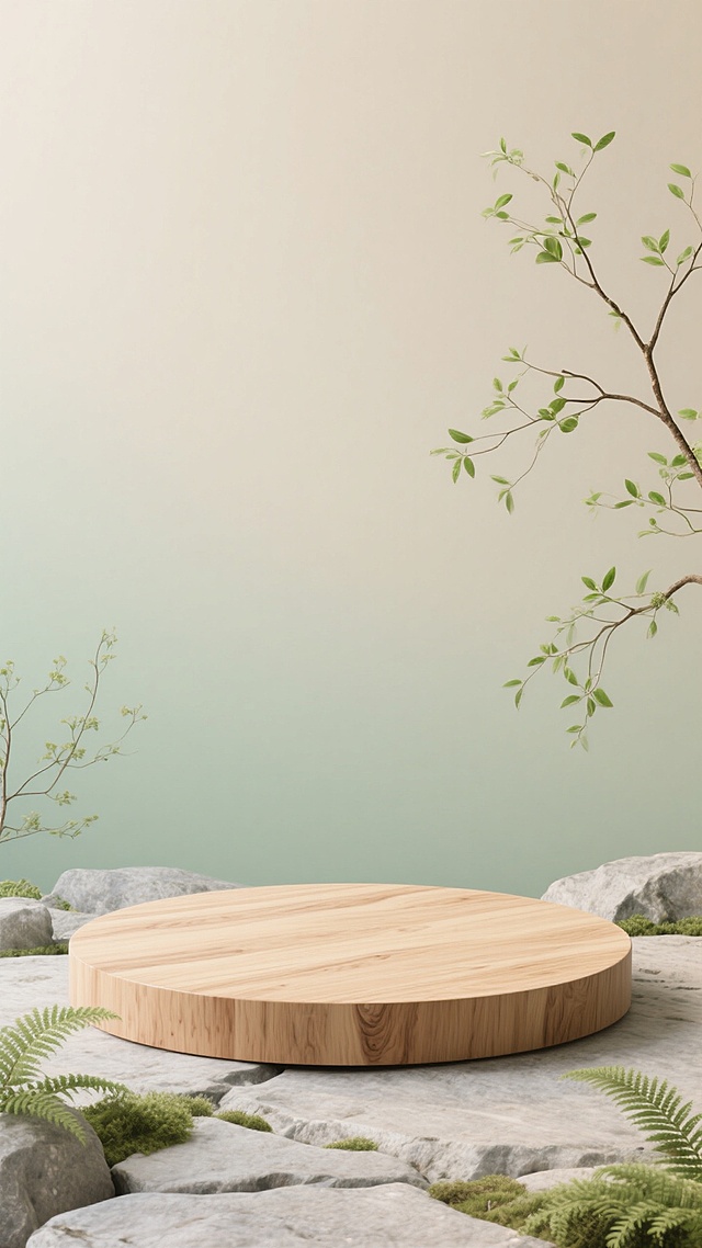 自然写实风格，画面中心是一个简约的圆形木纹展台，展现出木材天然的纹理和温润质感，展台表面平滑，边缘柔和。背景采用柔和的浅米色与淡绿色渐变，营造出宁静自然的氛围，左侧和右侧点缀着几枝带有嫩绿新叶的纤细树枝，部分枝叶轻轻垂落在展台边缘，地面是带有细腻肌理的浅灰色岩石，岩石缝隙中生长着几簇小型绿色蕨类植物，整体构图简洁大方，光线柔和均匀，突出展台的纯天然质感与简约设计，营造出清新、质朴、回归自然的视觉感受。