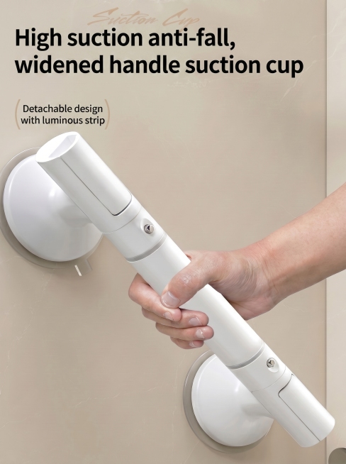 基于原图，将所有中文替换为英文：顶部标题改为'High suction anti-fall, widened handle suction cup'，左侧文字改为'Detachable design预览效果