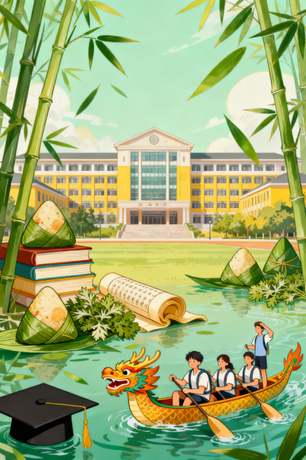 端午节国潮插画风格，明亮清新的大学校园场景融入粽子、龙舟、艾草端午元素，画面装饰有粽子、竹叶、书卷、学士帽、龙舟桨，呈现青春活力的传统节日与校园结合的氛围，主色调为竹绿+粽叶青+暖黄预览效果