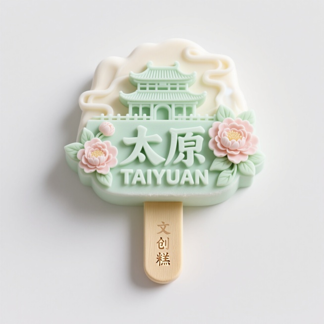 文创雪糕，画面主体为“太原 TAIYUAN”，立体古建筑、牡丹花元素装饰，浅绿色预览效果