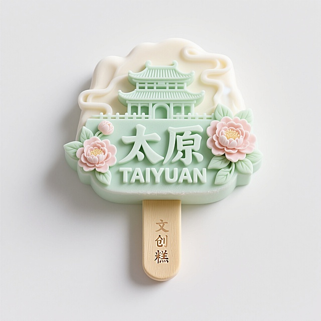 文创雪糕，画面主体为“太原 TAIYUAN”，立体古建筑、牡丹花元素装饰，浅绿色