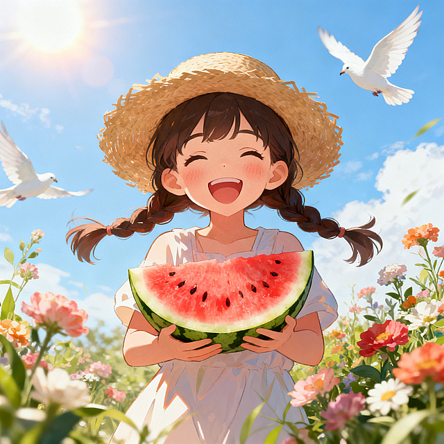 治愈系插画，一位戴着草帽的双马尾女孩正对着画面站着，女孩笑容甜美咯咯大笑，怀里抱着一片新鲜饱满汁水充足的大西瓜，女孩身边环绕着美丽的花朵，背景是阳光明媚的晴朗天空，天空中有白鸽飞翔，整体氛围温馨治愈