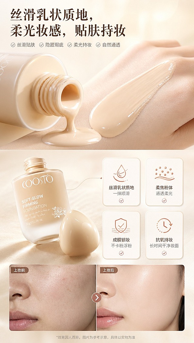 [商品] 使用【图1】COOSTO柔光紧致粉底液；保留瓶身、瓶盖、Logo和颜色不变；开盖状态展示质地，瓶身略倾斜。
[画面] 质地妆效体验页，目标直观展示丝滑乳状质地和柔光妆感；上半部分为质地微距特写（粉底液从瓶口流出、在手背推开的丝滑纹理），占画面约50%；下半部分左侧放产品瓶身图，右侧放4个妆效卖点图标卡片；底部有上妆前后肌肤状态对比示意（左侧暗沉粗糙、右侧通透柔光）；整体5层以上视觉层次，微距+产品+对比+文字+背景。
[视觉] 套系策略：风格=高级柔光美妆商业摄影；标题字=优雅衬线粗体；正文字=简洁无衬线体；主色=暖米杏；背景延展=暖米杏渐变+柔焦光斑+同色系台面；强调色=玫瑰金，仅用于小面积图标、引线和标签点缀；标题色=深暖棕；正文色=中暖灰；组件=圆角信息卡、对勾图标、细线引线；光影=左前侧暖柔光，质地特写有高光质感。
[文字] 顶部大标题「丝滑乳状质地，柔光妆感，贴肤持妆」；4个卖点配图标：丝滑乳状质地（一抹顺滑）、柔焦粉体（通透柔光）、成膜锁妆（不卡粉浮粉）、抗氧持妆（长时间干净妆面）；文字横排，不遮挡质地特写主体。
[规格] 图片比例9:16竖版，4K分辨率，避免变形、错字、文字过小、夸大对比、医疗功效、产品颜色改变。
