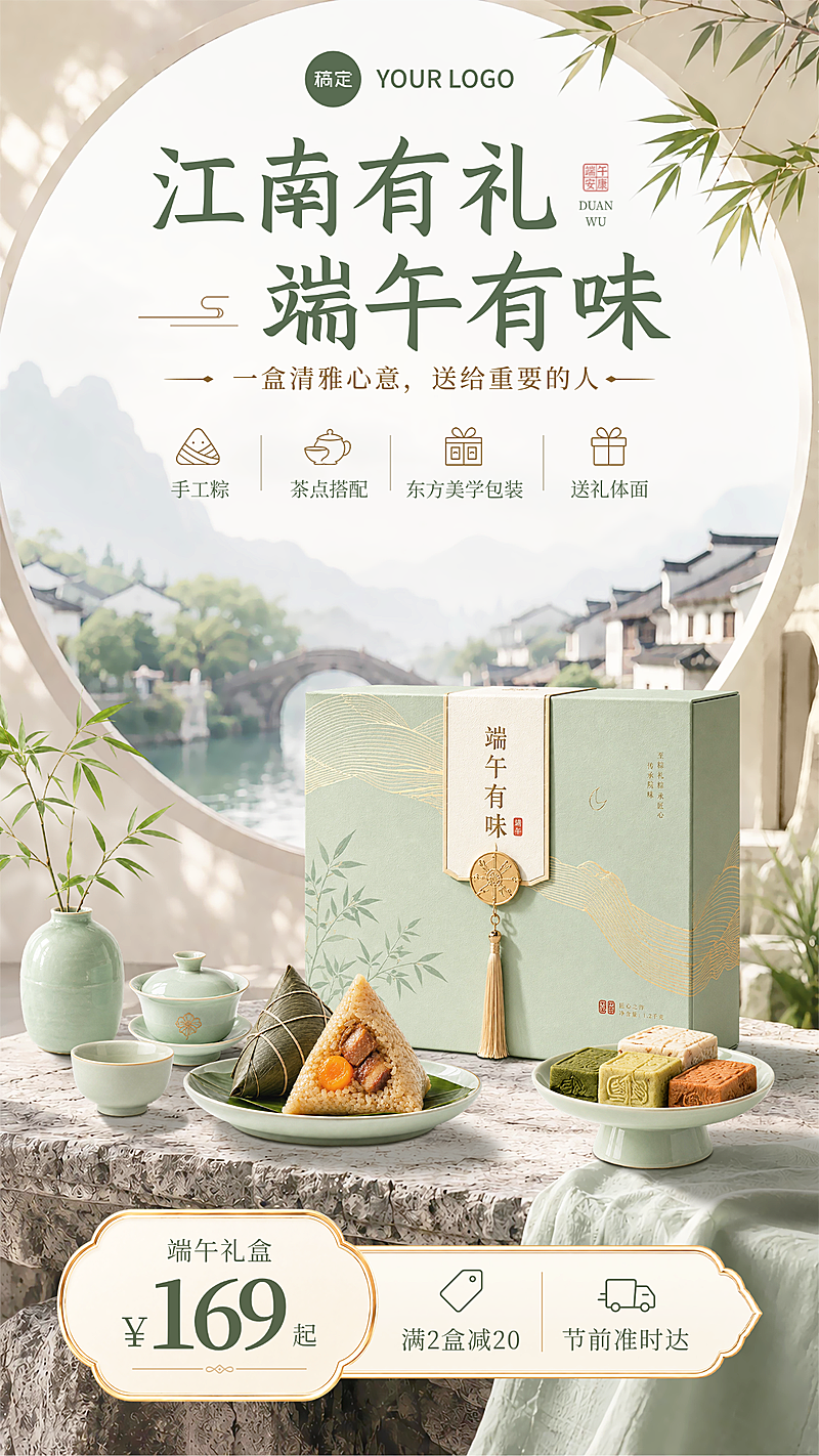 端午节粽子礼盒送礼促销宣传清新新中式电商全屏竖版海报