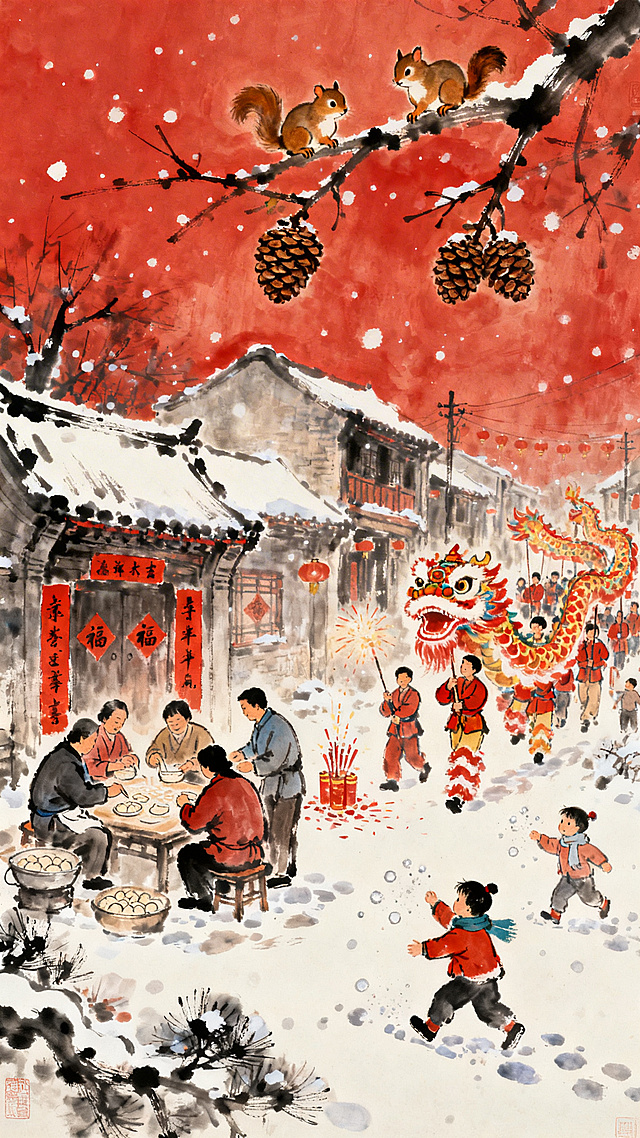 春节封面图，人们在包饺子贴春联放鞭炮，舞龙舞狮表演，小孩子们在雪地上打雪仗，树枝上有几只小松鼠在摘松果，写意中国画风格，浓墨重彩，年味浓厚，热闹喜庆的春节氛围