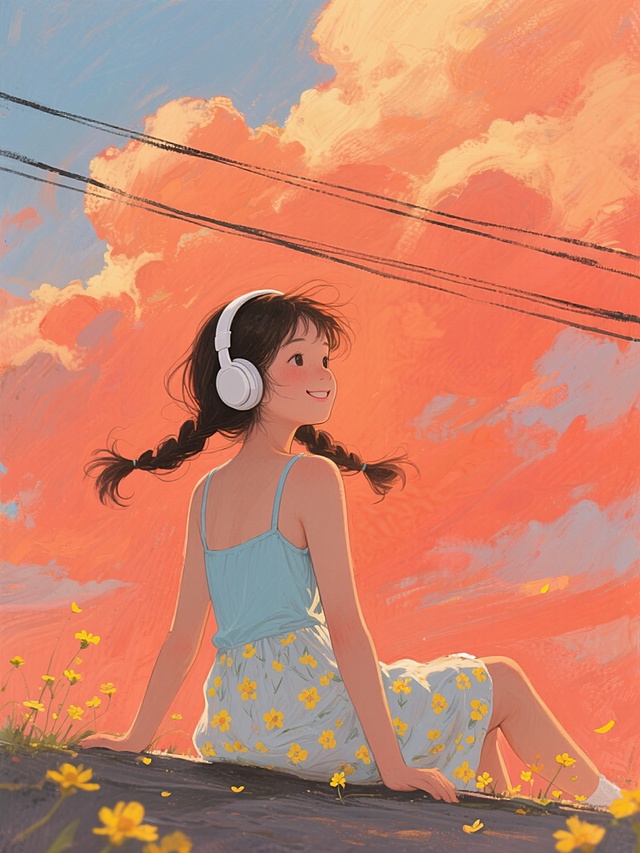 一幅采用印象派风格绘制的插画，画面以橙红色的天空和云朵为背景，天空下有几道平行的黑色电线，一个扎着双马尾的少女戴着白色耳机坐在地面上，她穿着浅蓝色的吊带裙，裙摆上有黄色的小花图案，少女的头发被风吹起，她的眼睛看向画面的右侧，嘴角微微上扬，脸上带着一丝惬意的微笑，她的周围散落着一些黄色的小花，整体画面色彩温暖，光影柔和，笔触厚重，充满了艺术感和氛围感。
