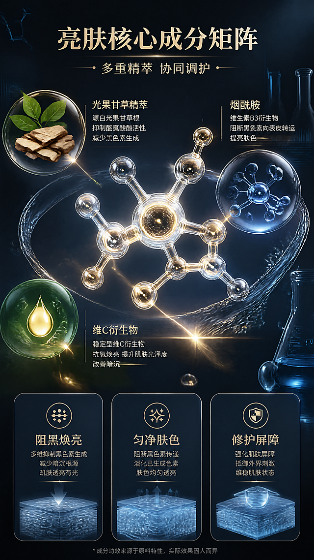 [第3张] 详情页成分机理-媛汉芳灯泡肌1号液核心成分可视化。本张为成分专页，以成分为主视觉，不强制展示产品外观。
[氛围/风格] 科研级成分展示风，高级实验室质感，分子结构与植物原料融合，内容丰富有深度。
[元素布局] 画面中央为大型3D分子结构模型，占画面约40%，周围环绕3种核心植物原料图形：光果甘草根、烟酰胺分子、维C衍生物；分子周围有流动的精华液轨迹与气泡；背景为深色实验室质感渐变，有玻璃器皿轮廓、数据曲线微光；底部有3个成分信息卡。
[光影质感] 侧上方冷光打亮分子结构，形成通透折射效果，原料图形有自然体积光，整体暗调亮部突出。
[配色色系] 全局底色 #1A2A3A 深蓝黑渐变；主色金色分子高光；辅助色植物绿、科技蓝；与前两张底色形成强烈反差，不重复。
[视角构图] 中心放射式构图，分子为核心，成分卡环绕底部，阅读动线中心→四周→底部。
[文字版式] 顶部主标题「亮肤核心成分矩阵」，副标题「多重精萃 协同调护」；分子旁标注3个核心成分名：「光果甘草精萃」「烟酰胺」「维C衍生物」，每个成分用引线连接；底部3个圆角信息卡分别写：「阻黑焕亮」「匀净肤色」「修护屏障」，每卡配小图标与简短说明。
[比例分辨率] 9:16 竖版比例，4K分辨率，文字清晰可辨，高清画质。
[负向提示词] 文字错乱，成分虚构，医疗承诺，极限词，水印，画面模糊，优惠信息。