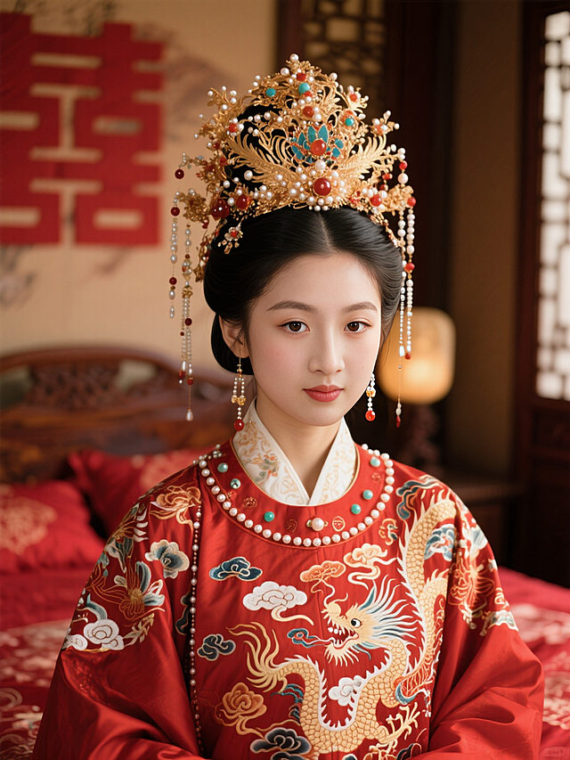 特写镜头，穿着唐代红色喜服少女，红色喜服绣有祥云、龙凤纹样，缀珠玉，头戴凤冠，尽显华丽，中式婚房。