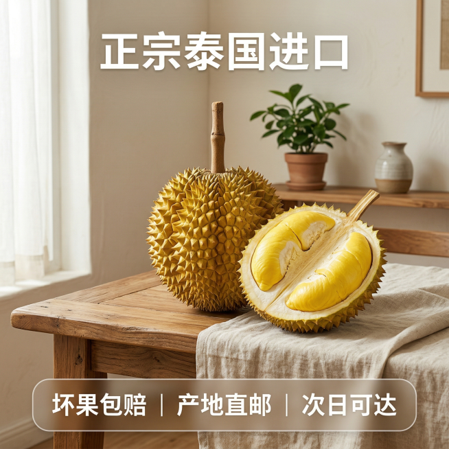 [主图 1 首图点击率诱惑与食欲]
主图主题：泰国进口金枕榴莲首图
氛围风格：自然温馨家居风，新鲜食欲感，自然光漫射
画面元素：一个完整带柄金枕榴莲和一半切开的榴莲放置在实木餐桌上，餐布自然垂落，背景预览效果