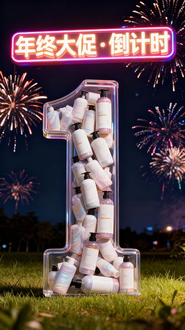 将图中的商品裂变出无数个（商品比例外观一致），通过旋转堆叠的方式填充到“1”数字形状的透明容器中，透明容器被商品填满不留一丝空隙。“1”立在草地上，柔和的光泽纹理，背景是夜晚烟花。画面顶部为巨大荧光质感文字灯牌“年终大促·倒计时”。