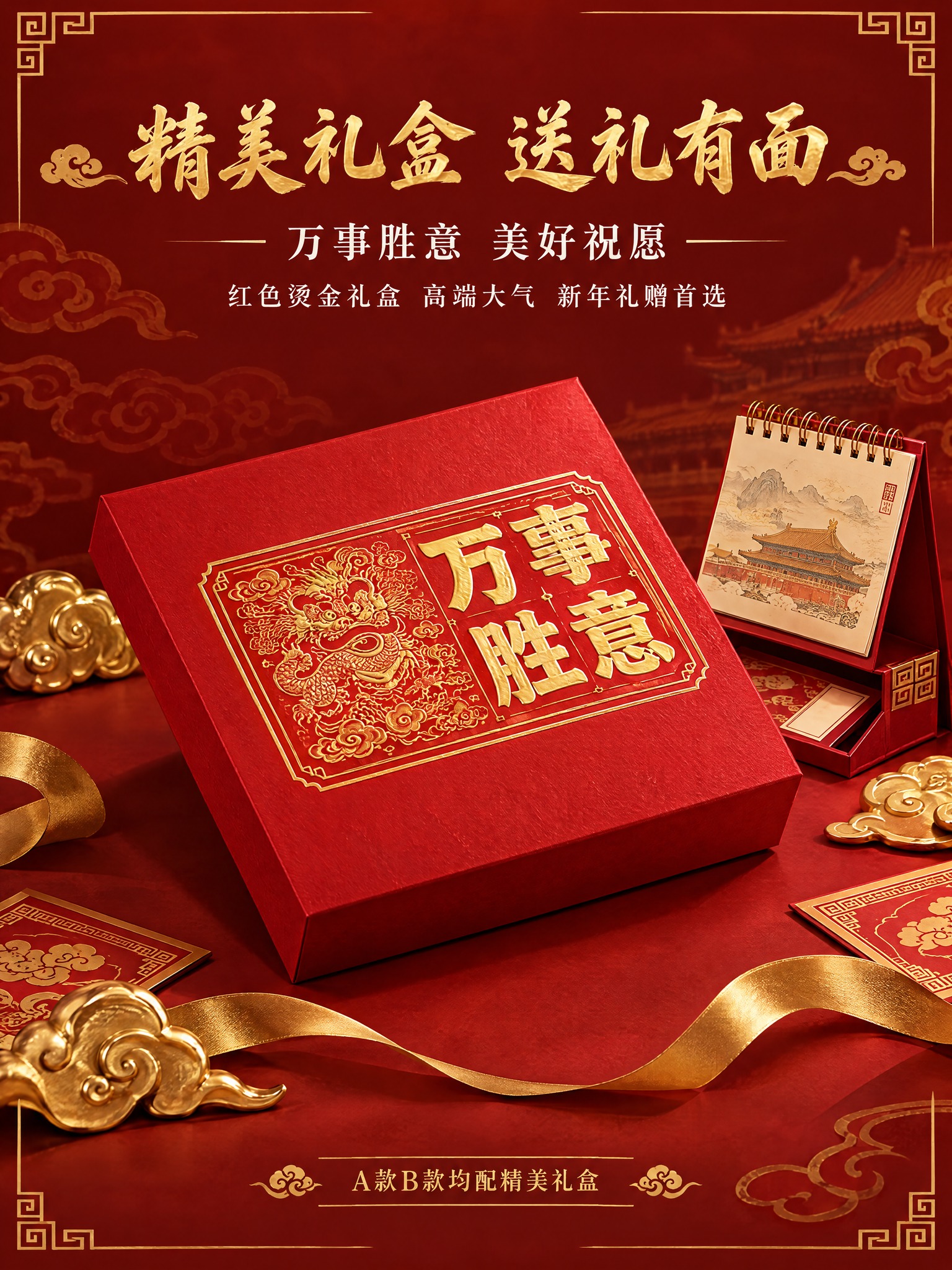 [商品] 使用红色"万事胜意"礼盒图；严格保留礼盒红色外观、金… - 图片创意预览