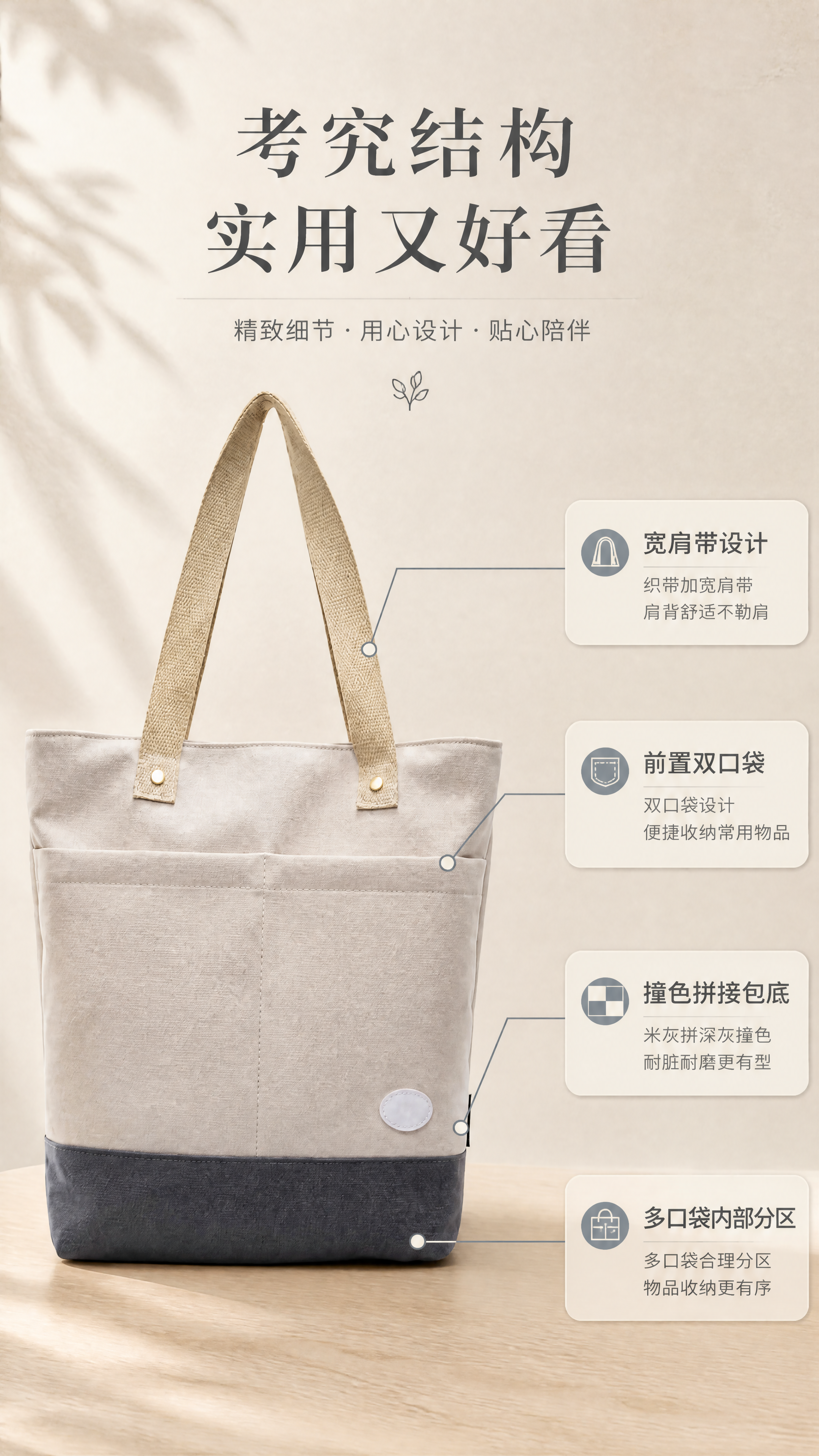 [商品] 使用【图1】米灰拼深灰单肩帆布托特包；保留包身整体结… - 图片创意预览