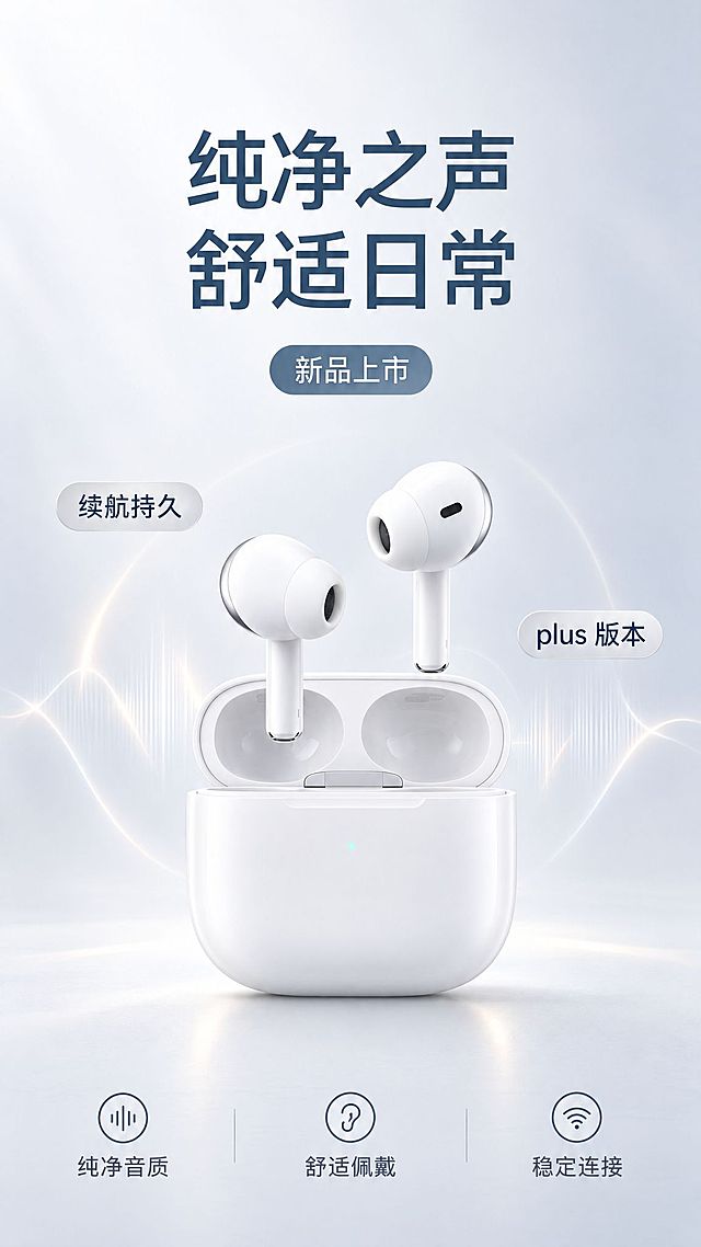 参考上传海报的版式骨架与纯净氛围，重新生成一张更高品质的竖版电商海报，保持整体分区与构图不变：浅灰白渐变纯净底色，画面中上部为两行深灰蓝大字主标题「纯净之声」「舒适日常」，标题下方居中一枚深灰蓝胶囊标签内白色文字「新品上市」；画面中部为白色真无线蓝牙耳机与充电盒的组合陈列，充电盒正面朝前、盒盖打开，两只耳机一支立于盒内、一支悬浮于盒体右上方，耳机为白色亮面材质、带黑色网罩细节，柔光下呈现细腻高光与接触阴影，背景有极淡的柔和声波光带与雾化光晕；左侧中段一枚浅灰半透明圆角标签「续航持久」，右侧中段一枚浅灰半透明圆角标签「plus 版本」，两枚标签与耳机保持距离、不遮挡主体；画面下部一条极简三栏图标信息带，从左至右为细线圆形图标配文字「纯净音质」「舒适佩戴」「稳定连接」，小字深灰、间距均匀；整体简约大气、留白充足、层级分明、版式精美，高级极简风格，柔和顶部自然光加侧前方柔光，超高清商业摄影质感。画面中必须完整呈现以下文字信息：「纯净之声」「舒适日常」「新品上市」「续航持久」「plus 版本」「纯净音质」「舒适佩戴」「稳定连接」，所有文字必须清晰准确、不得错字漏字或编造其他文字；画面中所有信息区域必须填充完整合理的内容，不得出现空白框、空白占位、横线待填写区域、空列表项、空单元格。宽高比 9:16。