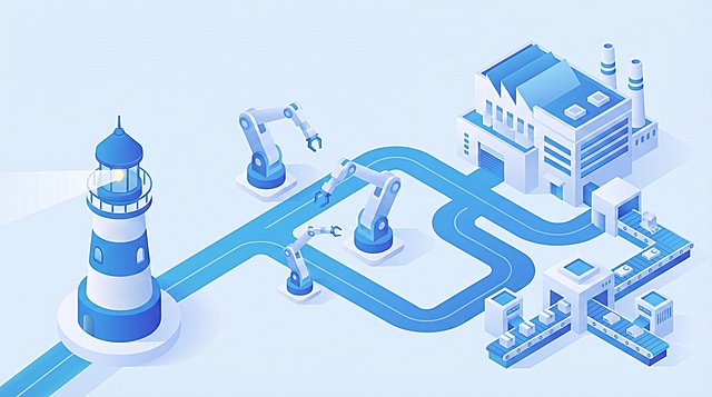 参考灯塔的蓝白渐变无描边2.5D等距风格，在蜿蜒蓝色道路旁添加同风格的机械手臂、工厂大楼和生产线，保持整体蓝白浅蓝背景，风格统一，无轮廓描边