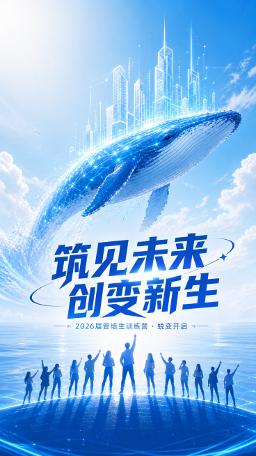 一张管培生培训活动宣传海报，主题“筑见未来，创变新生”，主色调为天蓝色和白色。画面中央有一头优雅跃出海面的上古神鲲，鲲背部带有发光的光点和流动的线条，象征数据与成长。鲲上方浮现出由光影构成的建筑轮廓和预览效果