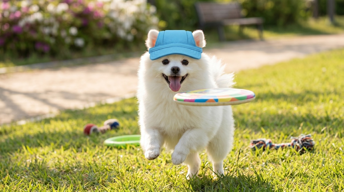 基于参考图中的天蓝色帆布宠物遮阳鸭舌帽，展示狗狗戴着这顶帽子开心玩耍的户外场景，保持帽子的物体主体特征不变，图片超清，细节丰富，风格真实自然，画面比例16:9预览效果