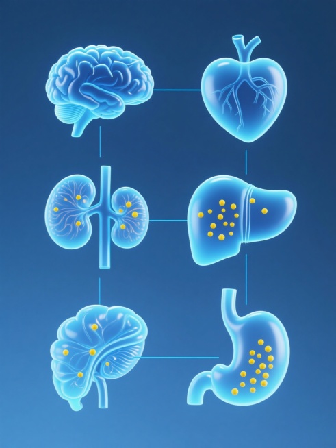 纯色背景下，延续原图的3D科技感半透明渐变蓝色调风格，保持光滑的曲面质感、内部发光细节和悬浮的黄色颗粒元素，展示6个完全不同的人体器官元素集合，包括大脑、心脏、肺叶、肾脏、肝脏和胃，每个器官都以相似的半透明蓝色渐变呈现，内部有发光纹理和黄色悬浮颗粒，通过蓝色线条连接，规整排布形成系列素材，整体构图平衡对称，光影统一，具有清晰的视觉层级和科技医疗海报的设计感，信息传达高效，符合医疗科技主题的目标……预览效果