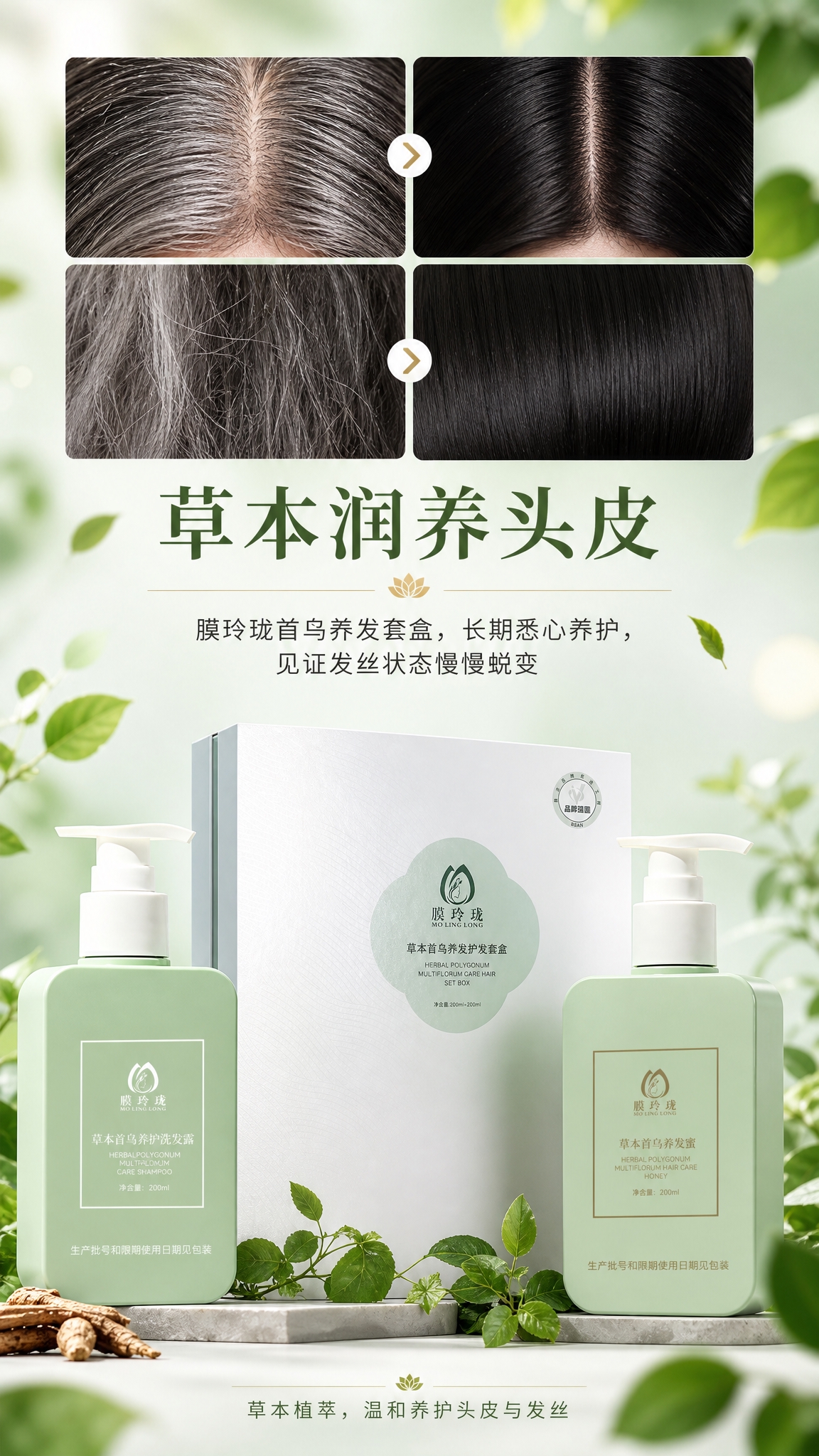 膜玲珑首乌养发套盒产品海报，9:16竖版，自然植萃清新风格，薄… - 图片创意预览