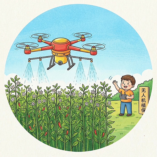 去掉图片外部的蓝色边框，删除图片上方的标题文字“辣椒无人机植保作业”，将图片裁剪为标准的正圆形，保持图片原有插画风格和内容不变