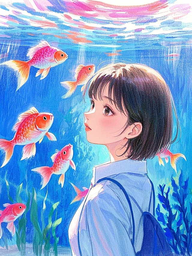 一个女生，水族館，金魚