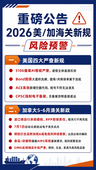 跨境物流海关风险公告，商务正式警示风格。主色调深藏青#283089，辅助色橙色，白色底色。内容分三大板块清晰分区，用红色标注风险重点，条目化排版、留白充足、字体清晰，无卡通花哨元素，适合跨境卖家、物流预览效果