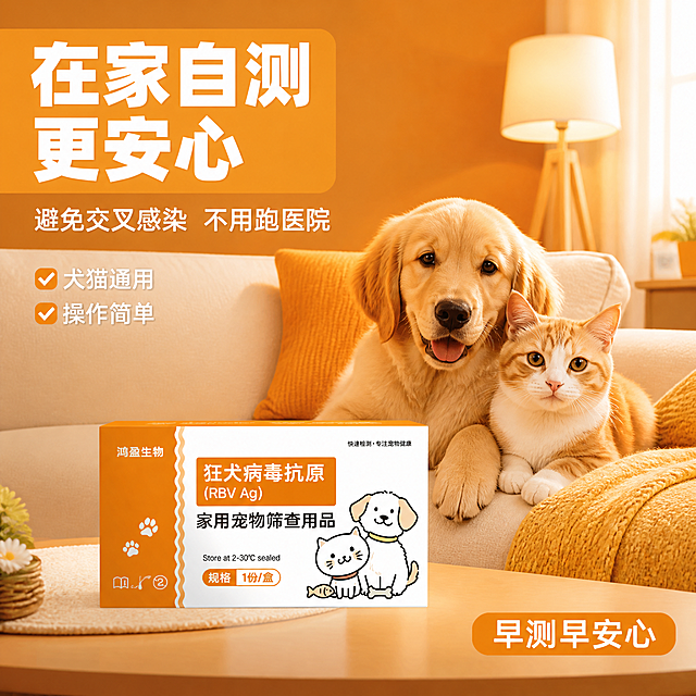 [主图-4] 宠物检测盒居家自测场景 避免交叉感染 温馨猫狗场景 橙色调。
[氛围风格] 温馨居家风 橙色调 安心放心 宠物友好 拼多多风格。
[画质] 超高清商业摄影质感 光线柔和温暖 画面温馨有感染力 宠物可爱真实。
[元素] 画面展示温馨的居家客厅场景，暖橙色墙面与浅色沙发。沙发上有一只可爱的金毛幼犬和一只橘猫安静地依偎在一起，表情温顺可爱，宠物状态健康活泼。前景的茶几上放置着宠物狂犬病毒检测试剂盒，包装盒橙白配色清晰可见。背景有温暖的居家元素：落地灯、小地毯、抱枕。整体画面传递"在家自测 不用出门 避免交叉感染"的安心感。保持检测盒产品外观（即物理结构、材质质感、颜色、图案）与输入产品图一致，杜绝任何变形和色差，精细化处理。商品主体占比约35%，宠物为场景主体但产品清晰可见，画面满屏无边框。画面禁止出现多余的手、多余的手指、畸形手、融合手指、手部扭曲、人物面部扭曲。
[光影] 主光从右侧落地窗柔和打入 暖色调自然光 沙发与宠物被温暖光线包裹；产品区域有补光确保清晰；整体光线温暖柔和 橙色调氛围浓郁 温馨治愈。
[配色] 主色暖橙色（墙面 文字主色 氛围光）；辅色米白色（沙发 产品盒 辅助文字）；点缀色浅木色 暖黄色（灯光 温馨感）。
[视角构图] 平视视角 居家场景自然真实 宠物与产品形成呼应 前中后景分层丰富 景深中等 画面有故事感。
[文字版式] 画面左上负空间左对齐排版 大字醒目。主标题大号粗体"在家自测 更安心" 白色超大号粗黑体 橙色渐变底框；副标题"避免交叉感染 不用跑医院" 白色大号字。下方两行小字"犬猫通用" "操作简单" 白色 每行前有橙色对勾标记。右下角橙色圆角标签"早测早安心" 白字。所有文字清晰可辨 不遮挡宠物面部与产品主体。
[输出要求] 1:1比例 文字清晰锐利 超高清商业摄影质感。
[负向提示词] 变形 文字错乱 产品模糊 背景杂乱 水印 电商平台Logo 多余手指 手部扭曲。