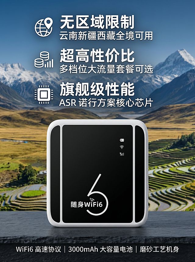 8K 超写实商业电商摄影，超清分辨率，极致细节还原，锐化清晰，光影干净通透，产品主体全程突出，浅景深效果，无多余杂乱元素，画面所有文字清晰可辨、无变形无乱码。严格还原参考图造型与外观：方形圆角随身 WiFi，白色磨砂质感边框，正面纯黑面板，面板右侧竖向排列电池、WiFi、信号格三个白色状态图标，面板下方带白色 WiFi6 标识与艺术数字 6 造型，机身采用磨砂工艺，不得修改任何外观细节与配色。画面主体为固定款随身 WiFi 产品，放置在画面中心，背景为新疆雪山、西藏草原、云南梯田的超写实远景实景融合，画面层次分明。画面从上至下用加粗白色醒目字体，分模块清晰呈现 TOP3 核心卖点，每款卖点搭配极简图标，无多余装饰："无区域限制 云南新疆西藏全境可用"，"超高性价比 多档位大流量套餐可选"，"旗舰级性能 ASR 诺行方案核心芯片"。画面底部补充辅助卖点："WiFi6 高速协议 | 3000mAh 大容量电池 | 磨砂工艺机身"。整体画面写实干净，卖点层级清晰，8K 超写实实景质感，产品主体突出。