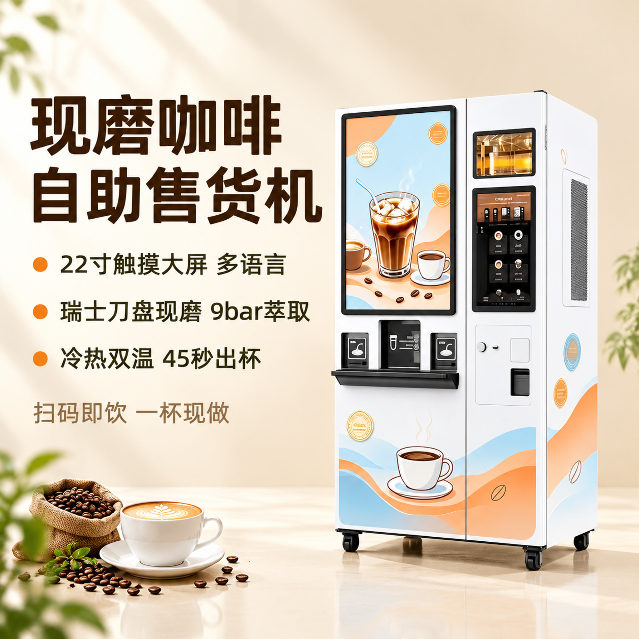 以【图1】中的咖啡自助售货机为唯一机器依据，严格保持机身结构、… - 图片创意预览