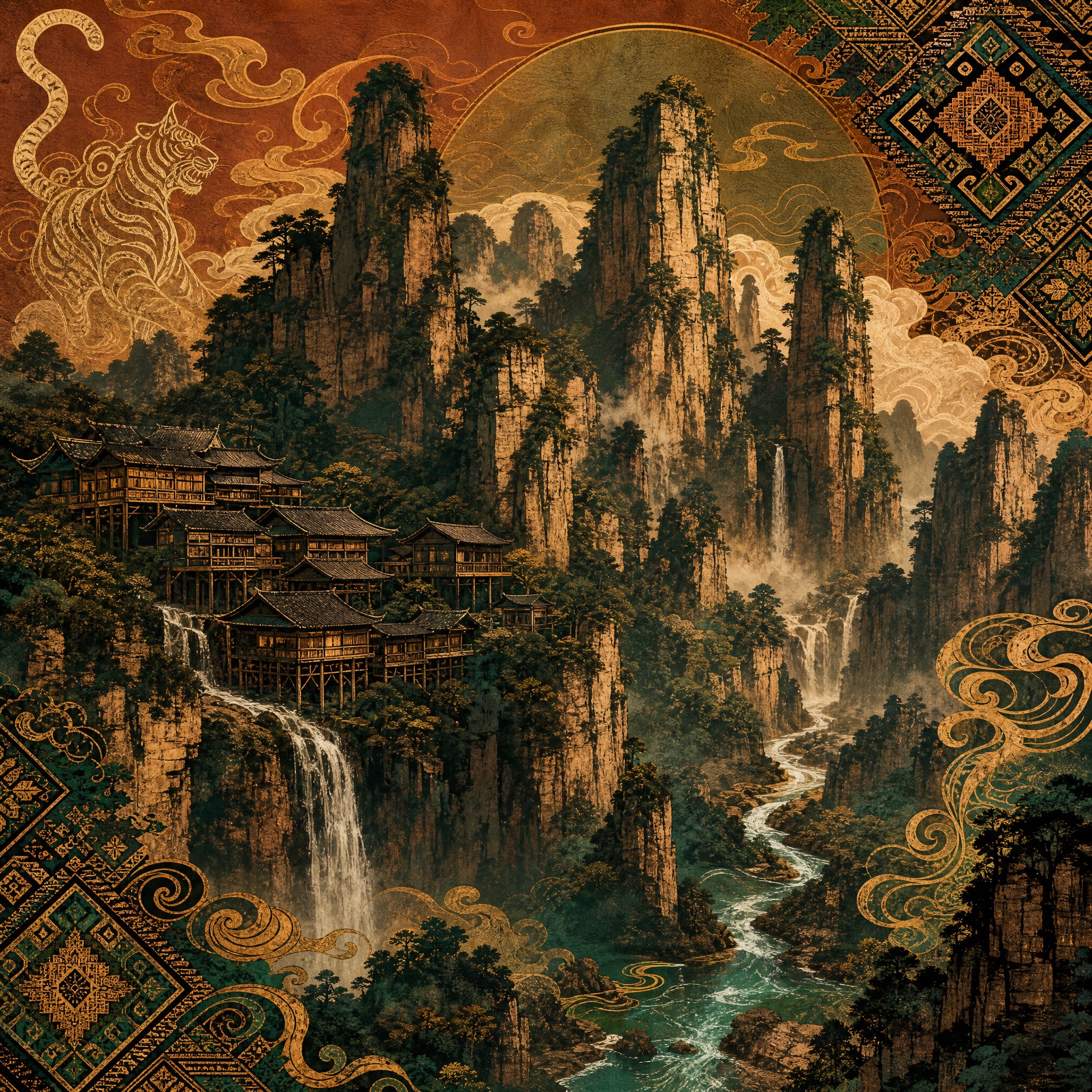 国潮风景插画，土家族主题，张家界武陵源的石英砂岩峰林拔地而起，… - 图片创意预览