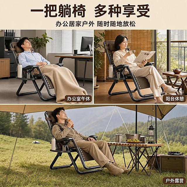 [主图-4] 中式织面折叠休闲躺椅多场景适配图，展示办公室午休、阳台休憩、户外露营三大使用场景。
[氛围风格] 多场景拼图展示风，场景丰富，实用性强，整体风格统一。
[画质] 商业摄影质感、光线柔和通透、产品清晰真实、画面干净高级，满版无边框。
[元素] 画面采用三宫格等宽拼图布局，每格展示躺椅在不同场景中的使用状态，每张图中的躺椅外观保持一致。左上图：办公室午休场景——躺椅放置在现代简约办公室角落，旁边有办公桌和电脑，一位穿浅蓝衬衫的东亚年轻男性职员正躺在椅上午休，盖着薄毯，侧置杯架上放着保温杯；背景有文件柜、绿植、百叶窗透入的柔和办公光线。右上图：阳台休憩场景——躺椅放在中式风格阳台，旁边有小茶桌和紫砂壶，一位穿浅米色棉麻衫的东亚中年女性正坐着喝茶看报纸，阳光从落地窗洒入；背景有绿植盆栽、竹帘、木质地板。下图：户外露营场景——躺椅放置在草地上的露营天幕下，旁边有折叠桌和露营灯，一位穿卡其色户外服的东亚年轻男性正坐着喝饮料，远处可见树林和远山；背景有露营装备、自然草地、柔和的户外自然光。**每格中的躺椅外观（即物理结构、材质质感、颜色、侧置杯架、头枕设计、折叠方管结构）与输入产品图完全一致，杜绝任何变形和色差，精细化处理**。每格内躺椅占比约50%-60%。
[光影] 三格场景各自有自然的主光源：左上办公室为顶部柔和办公灯+百叶窗自然光；右上阳台为侧窗午后自然光；下图户外为天幕下柔和散射的自然光。整体色调统一偏暖棕米色系，光线柔和通透。
[配色] 主色调暖棕+米白统一贯穿三格；每格根据场景有少量场景色点缀（办公室浅蓝、户外草绿），但面积不超过15%。
[视角构图] 三宫格等宽布局，上排两格、下排一格居中；每格内均为45°正侧面视角，构图均衡。
[文字版式] 顶部居中主标题："一把躺椅 多种享受"，深棕色粗体大号字；副标题："办公居家户外 随时随地放松"，同色系中号字。每格右下角配一个圆角小标签：左上"办公室午休"、右上"阳台休憩"、下方"户外露营"，均为棕底白字小字号，圆角矩形带内边距。
[输出要求] 1:1比例，文字清晰锐利可辨，超高清商业摄影质感。
[负向提示词] 变形，文字错乱，产品图模糊，背景杂乱，水印，电商平台Logo，多余的手，畸形手，人物面部扭曲，肢体穿模，三格中躺椅外观不一致。