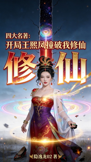仅修改本图片中的所有字体颜色和效果，保持画面其他内容不变，修改要求：统一暖金+绯红体系，与女主服饰呼应。1. 左上角“四大名著：”改为深金到浅金的赤金渐变，加2px暗红细描边，做金属浮雕轻微做旧质感，预览效果