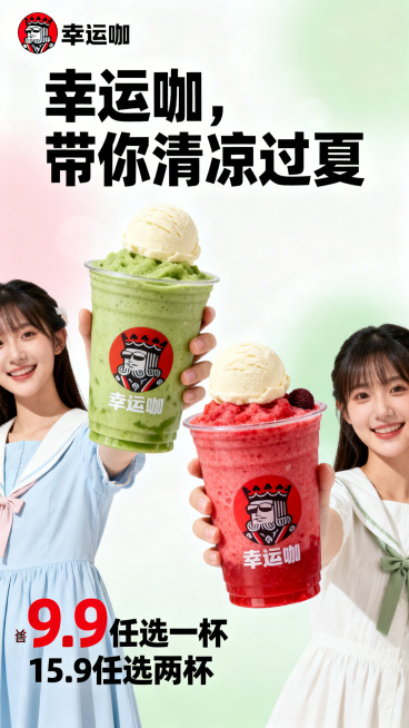 夏日饮品产品海报，环境充满夏日清凉感，画面中有两位女大学生穿着清新的裙子，分别拿着一杯饮品。左侧饮品是绿色抹茶冰沙，顶部有一颗米白色香草风味冰激凌球，右侧饮品是红色多莓冰沙，顶部也有一颗米白色香草风味预览效果