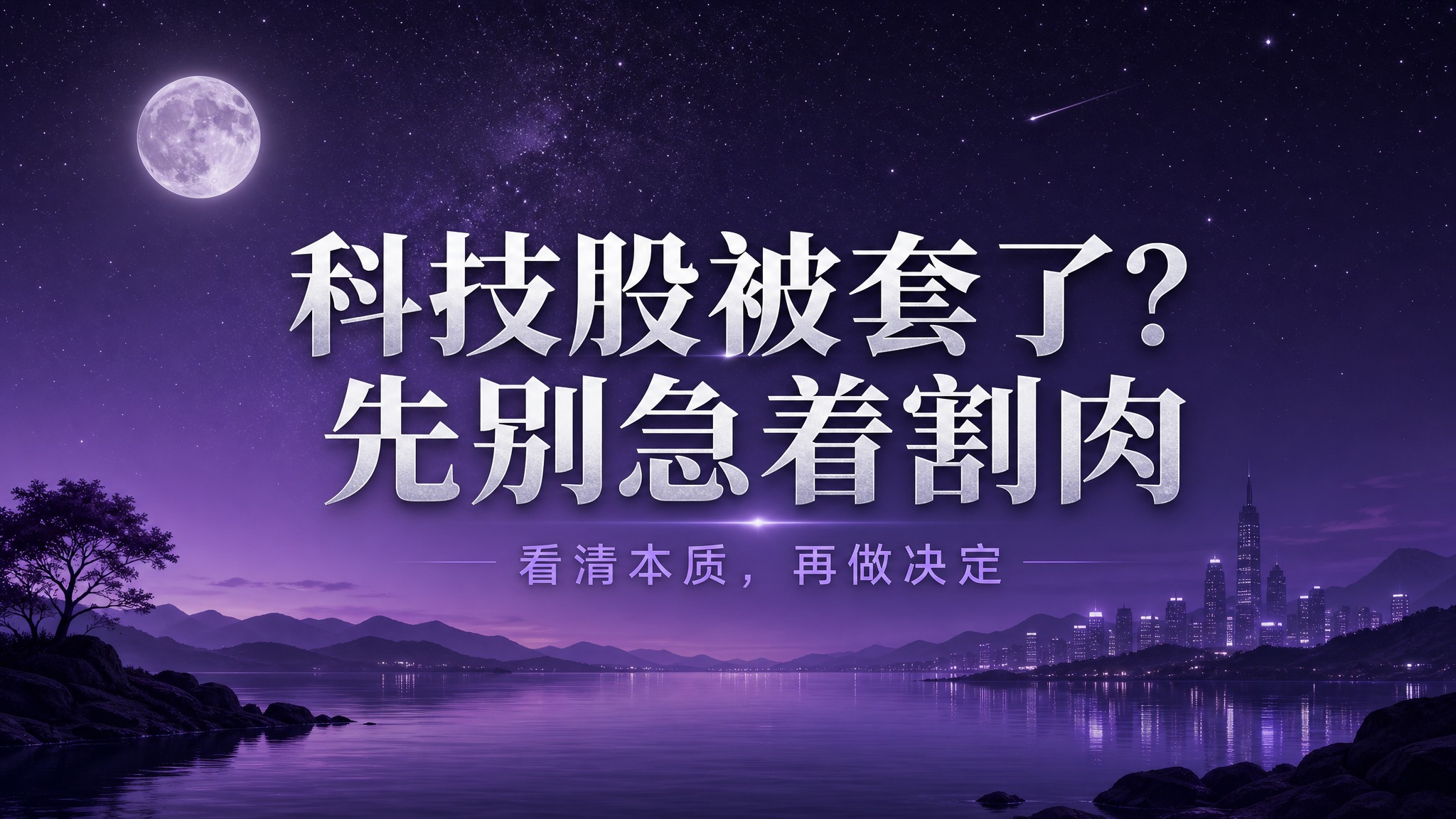 16:9横版股市财经海报，高级深紫色渐变背景，带有柔和的月光和… - 图片创意预览
