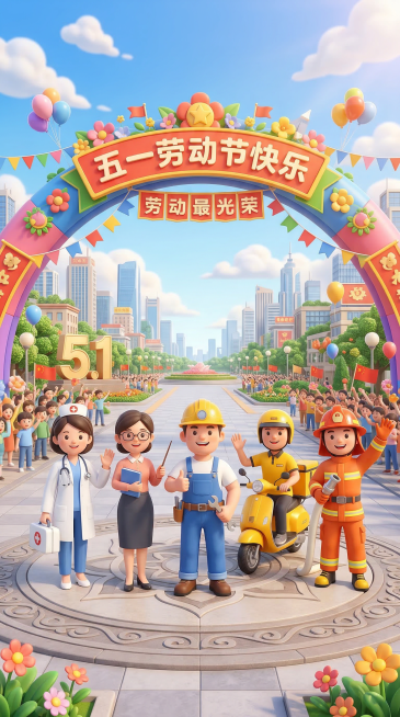 C4D 卡通风格，五一劳动节大场景，医生、教师、工人、外卖员、消防员可爱形象，欢乐和谐，开阔构图，明亮色彩，电影级光影，柔和阴影，质感细腻，画面干净大气，高清，超细节，适合海报预览效果