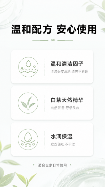 [第4屏] 成分与功效理由屏，花香白茶洗发露成分解析。
[氛围/风格] 专业温和科研风，浅底干净排版，成分信息清晰展示。
[元素布局] 双行网格布局展示核心成分，每个成分区域上方为成分名称，下方为功效预览效果