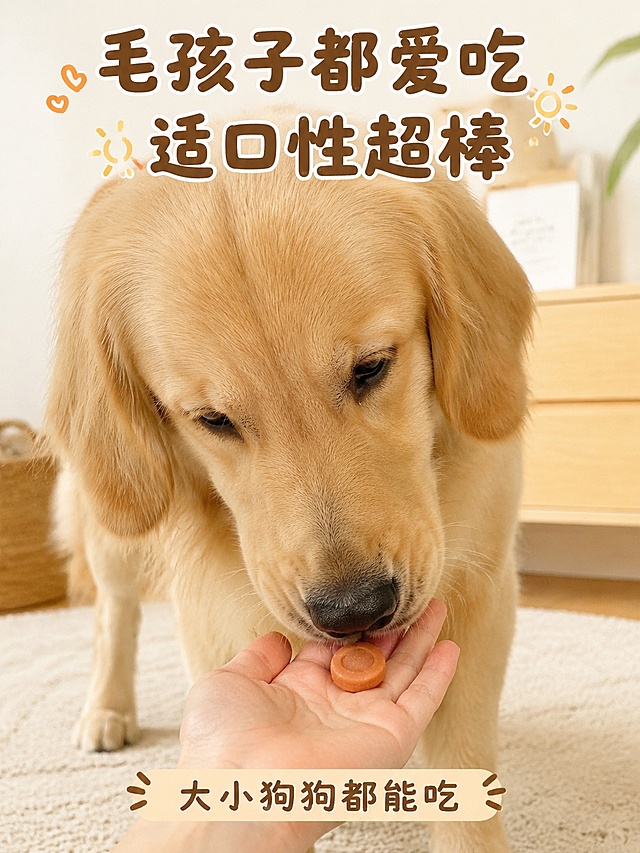 [第5屏] 宠物互动展示，金毛狗狗享用鸡肉圆片零食。本屏使用【图1】作为产品展示。
[氛围/风格] 真实生活分享感，轻松愉快氛围，接地气拼多多风格。
[元素布局] 画面主体是可爱金毛狗狗低头吃零食，前景放置一块鸡肉圆片在手心，产品占比约25%，保留产品形态颜色，狗狗形态自然可爱。
[光影质感] 自然光柔和照明，整体画面明亮温暖，互动感真实自然。
[配色色系] 全局底色 #F8F4E9；主色暖米色，辅助色狗狗金毛色，产品暖橙色，深棕色文字。
[视角构图] 中景互动视角，中心构图突出互动场景。
[文字版式] 顶部主标题「毛孩子都爱吃 适口性超棒」，底部标注「大小狗狗都能吃」，圆角字体，文字清晰不遮挡互动主体。
[比例分辨率] 3:4 比例，4K分辨率，文字清晰可辨，高清画质。
[负向提示词] 怪异宠物，产品变形，文字遮挡主体，虚假互动，极端宣传。