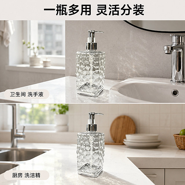 [主图-4] 双场景多用途宫格展示
[氛围风格] 实用生活化，展示多场景适配性
[画质] 商业摄影质感，光线柔和通透，产品清晰真实，画面干净高级
[元素] 上下二等分宫格，上图展示产品摆放在卫生间洗手台面，下图展示产品摆放在厨房石英石台面，两张场景都保持产品外观（物理结构、材质质感、颜色）与输入产品图绝对一致，杜绝任何变形和色差。两个场景干净整洁，真实自然，分别体现分装洗手液和分装洗洁精双用途。宫格之间用极细浅色分隔线，每个场景下方标注使用用途。产品在每个场景占比不超过60%，整体干净通透。
[光影] 两个场景都是自然光，光影统一，明亮干净。
[配色] 卫生间场景浅灰调，厨房场景浅米调，整体保持浅色系干净风格，产品突出。
[文字版式] 顶部大字写「一瓶多用 灵活分装」，上图下方标注「卫生间 洗手液」，下图下方标注「厨房 洗洁精」，简约黑色小字标注在浅色背景块上，清晰明了不抢产品风头。
[比例分辨率] 1:1比例，4k分辨率，文字清晰可辨，超高清。
[负向提示词] 变形，水印，文字错乱，产品图模糊，背景杂乱