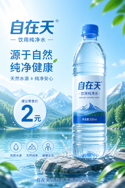 自在天品牌饮用水宣传海报，纯净清爽风格，展示一瓶自在天瓶装饮用水，清晰标注售价“2元”，整体简洁干净，突出天然健康饮水主题预览效果