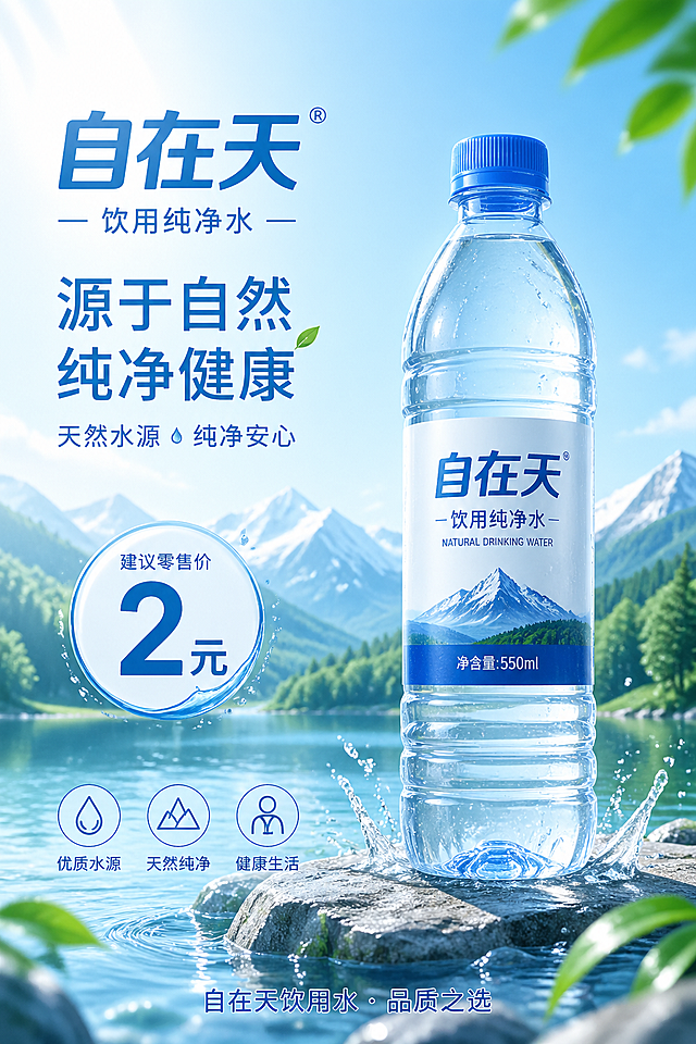 自在天品牌饮用水宣传海报，纯净清爽风格，展示一瓶自在天瓶装饮用水，清晰标注售价“2元”，整体简洁干净，突出天然健康饮水主题
