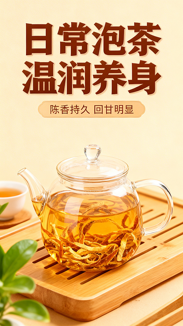 [垫图] https://gdesign-dam-hz.dancf.com/35873657385503883/ae74a7c2793d42abb57e53a6b33a4a6a.jpg 冲泡场景电商主图，展示陈皮丝泡入玻璃茶壶的场景，国潮养生风格，背景搭配木质茶盘、品茗杯和新鲜绿植点缀，整体氛围自然闲适，全局统一底色#F8F3E6，平视视角，文案悬浮排版。主标题“日常泡茶 温润养身” 副标题“陈香持久 回甘明显”，深棕色加粗主标题，浅棕色副标题，文案放在画面上方，主体茶饮场景居中展示